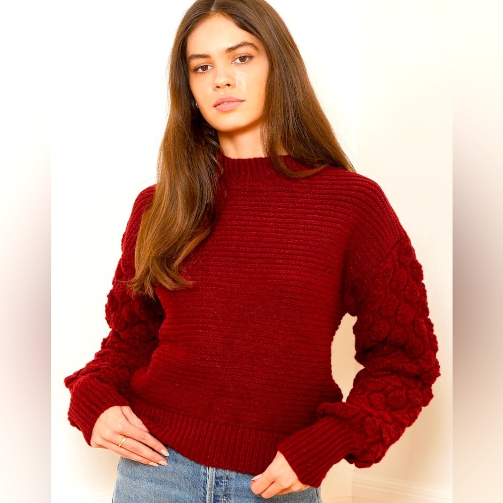 Elodie Red Bobble Sleeve Chunky Knit Sweater Pullover Size L